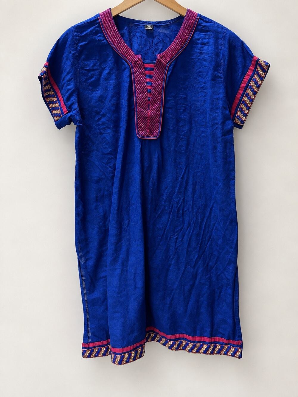 Royal Blue Embroidered Kaftan Kurta Dress Size 48 Pink Gold Sheer Jacquard